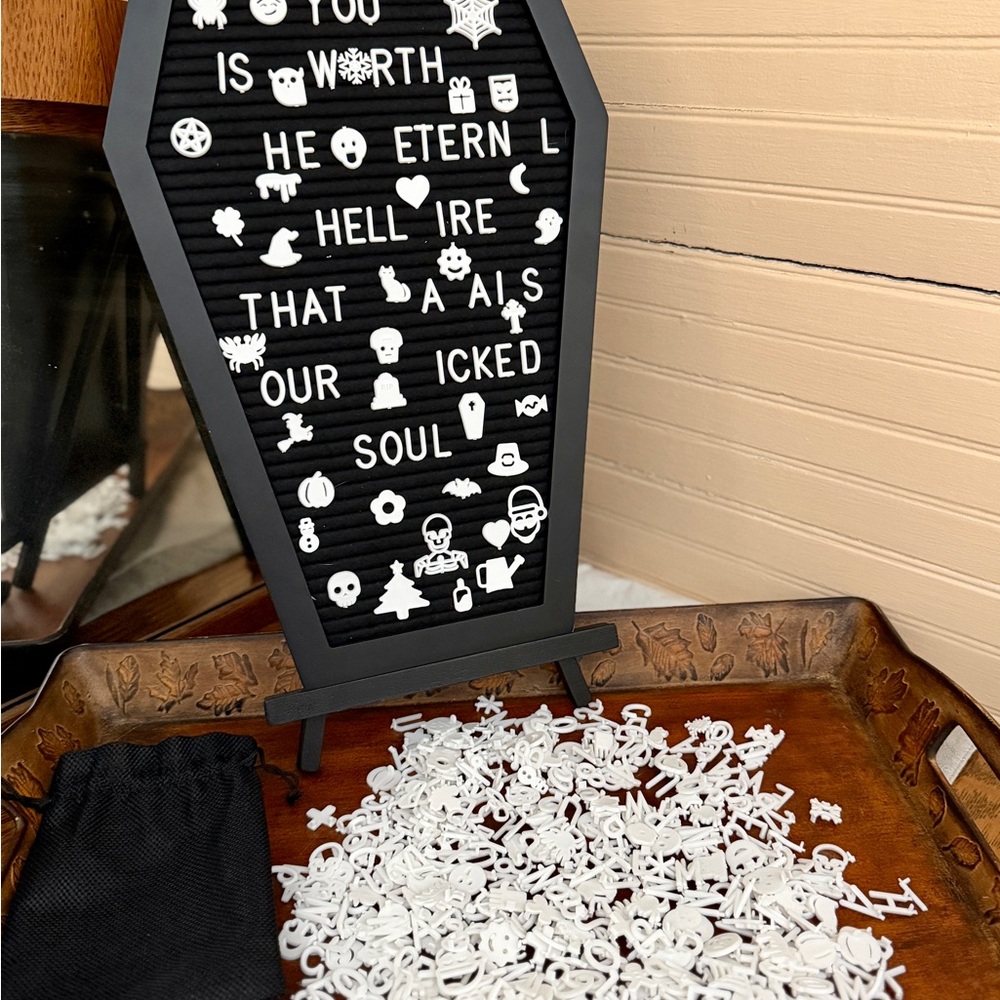 Black Coffin Letter Board with White Letters